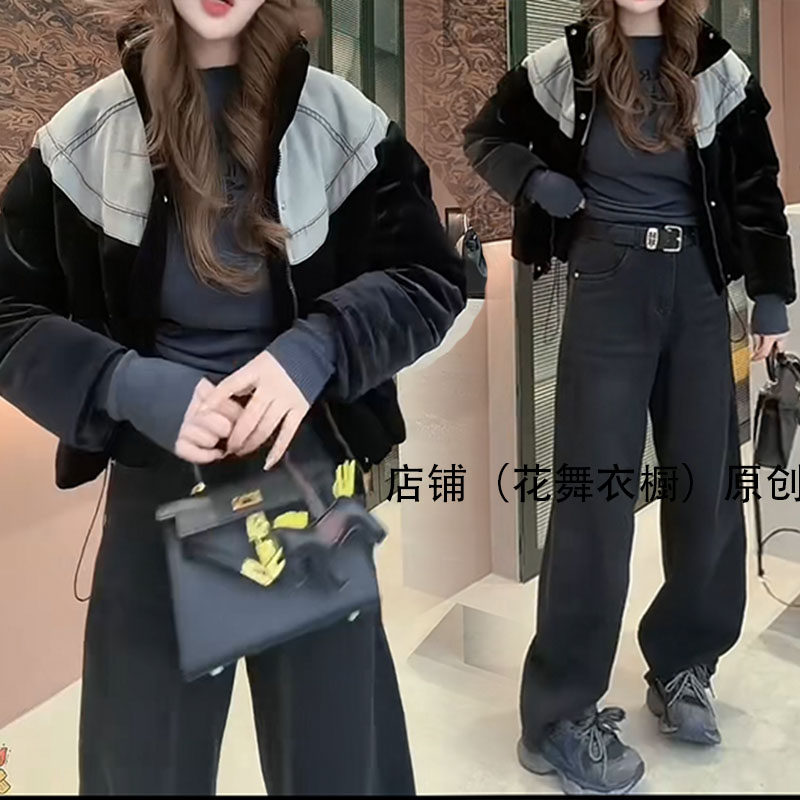 休闲时尚个性撞色拼接棉服女短款宽松连帽设计感时尚百搭棉衣外套