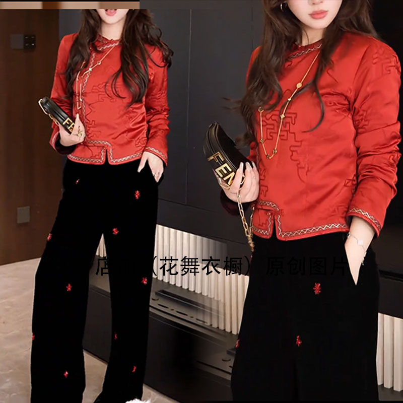 网红同款时尚套装女2026冬新款红色印花阔腿裤潮两件套新中式国风,女装/女士精品,时尚套装,淘宝优惠券,粉丝福利购,淘宝优惠卷