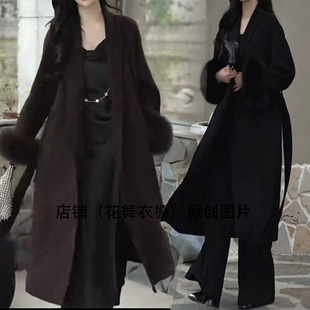 气质名媛显瘦个性加棉浴袍式毛呢大衣女长款系带收腰外套气质冬装