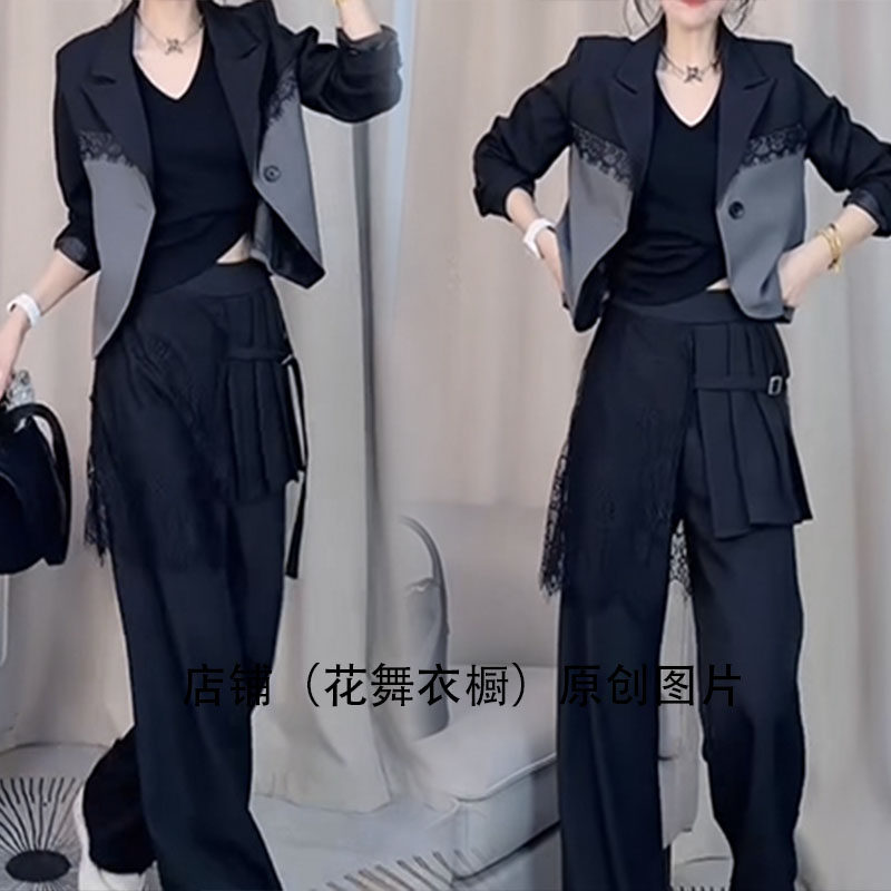 高级感撞色拼接西装套装女秋季腰封长裤两件套时尚女装休闲个性潮