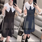 个性 学院风娃娃领两件套女2026春季 时尚 减龄显瘦牛仔套装 背带 新款