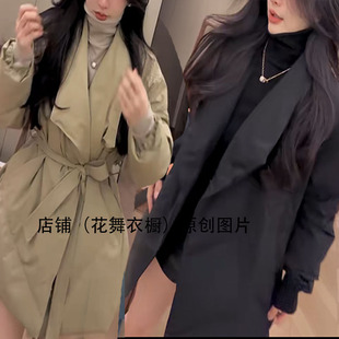 翻领绑带收腰棉服女中长款宽松通勤外套时尚气质遮肉气质名媛显瘦