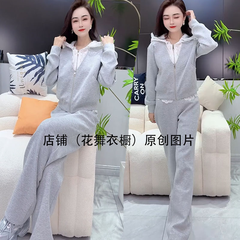 欧洲站2025春季女V连帽拼接蕾丝假两件外套+休闲裤套装减龄糖果色