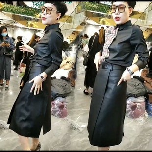 老板娘推荐气质名媛翻领拼接格子衬衫水洗皮裙两件套装网红爆
