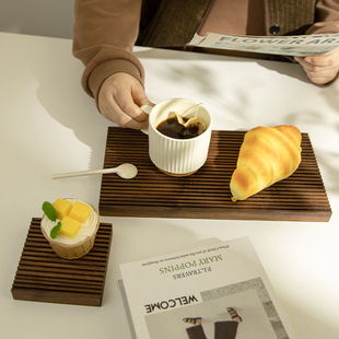 下午茶胡桃日式 实木托盘长方形横纹肌理茶盘木质家用茶水甜品盘