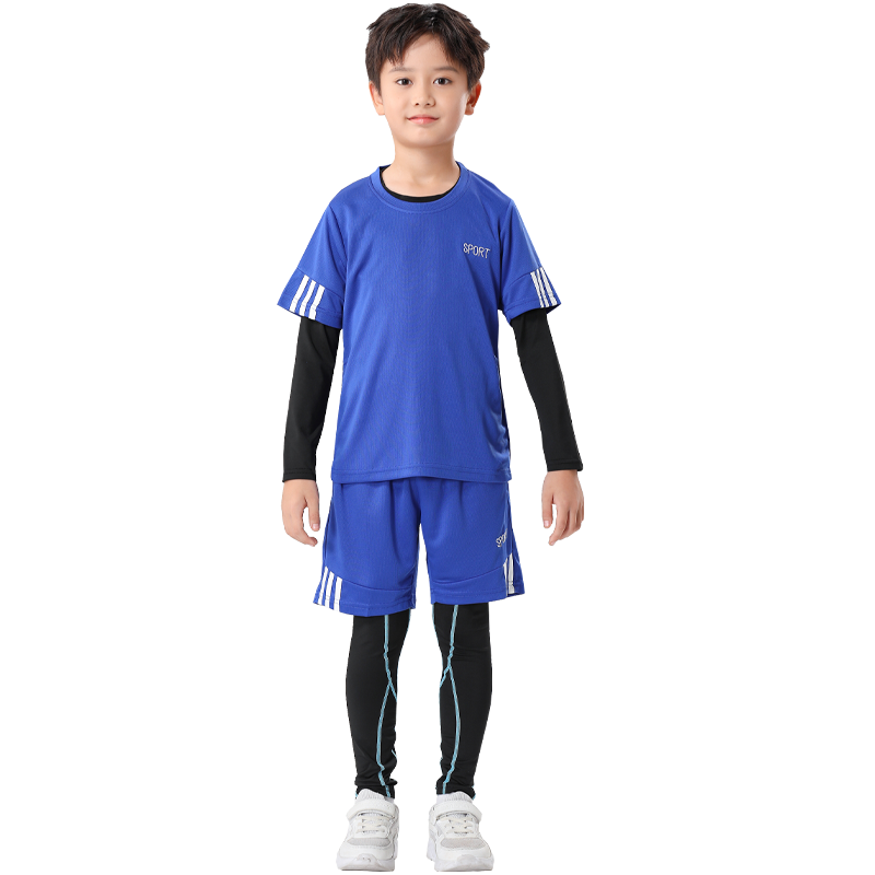 儿童紧身长袖速干衣篮足球训练服