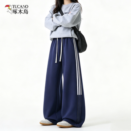 啄木鸟三条杠运动卫裤女条纹大码