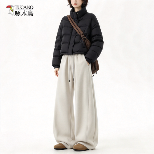 啄木鸟毛呢弯刀休闲裤女宽松大码