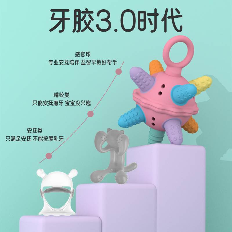 EBAR婴儿磨牙棒牙胶宝宝口欲期咬硅胶安抚水煮防吃手曼哈顿手抓球