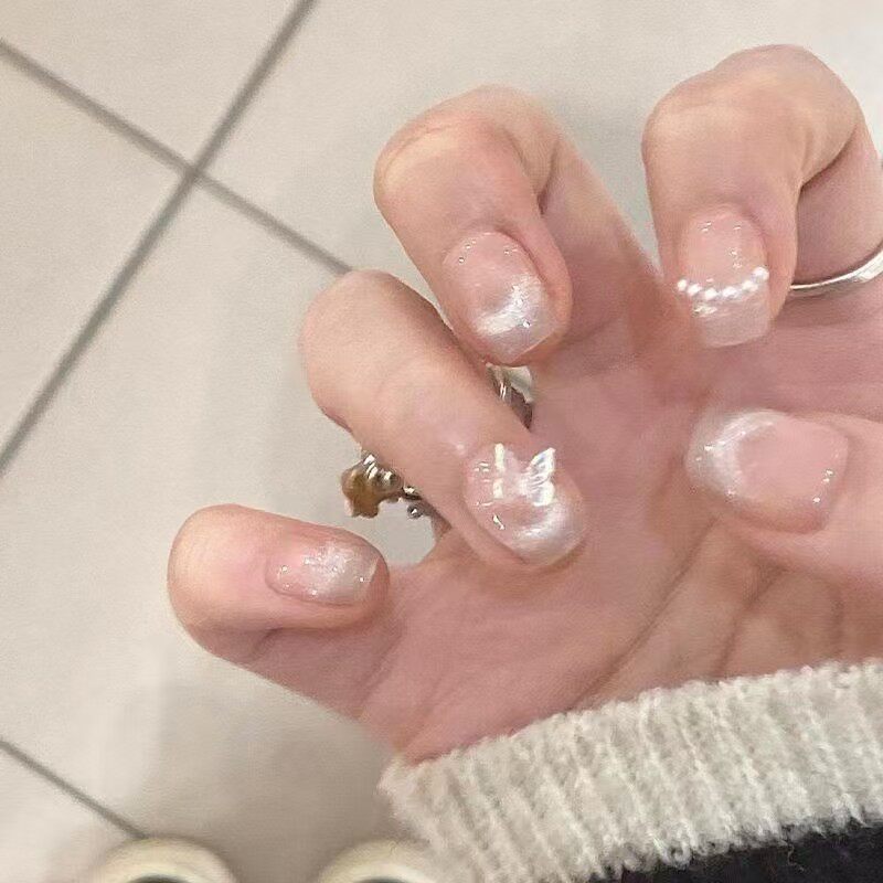 纯手工穿戴甲网红同款仙气温柔显白光疗甲法式猫眼蝴蝶美甲贴片