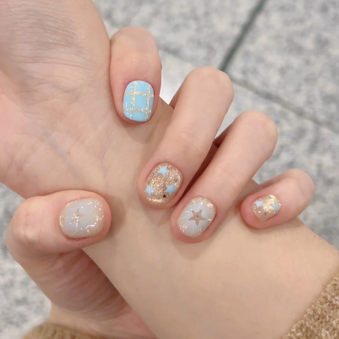 纯手工猫眼星星格纹穿戴甲