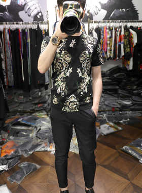 欧洲站时尚潮流个性数码前后印花丝光棉男士夏季圆领修身短袖T恤