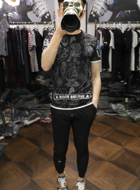 米兰站双边设计时尚数码满印骷髅前后图个性圆领修身短袖T恤男