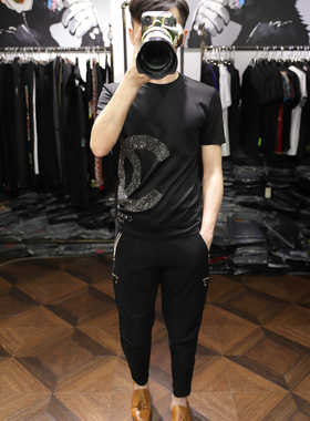 欧洲站时尚轻奢潮牌双C字母烫钻夏季男士黑色圆领修身短袖T恤