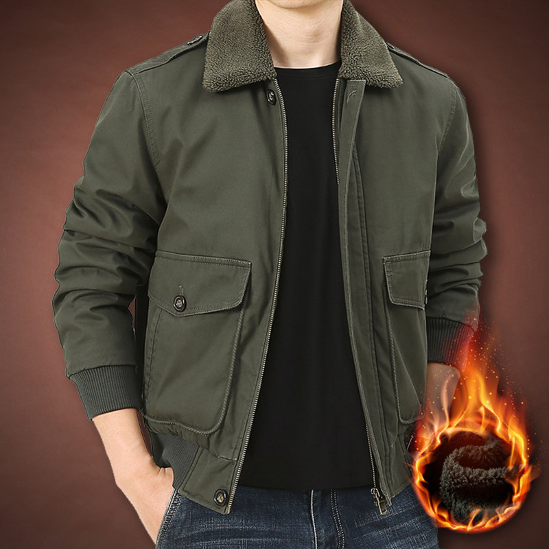 冬季男士加绒加厚宽松棉衣男装时尚休闲翻领水洗纯棉外套保暖棉袄