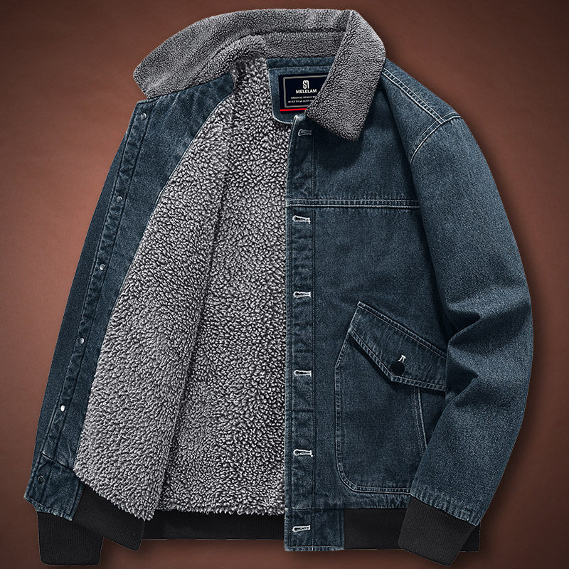 复古羊羔绒棉衣男冬季加绒加厚保暖牛仔外套帅气棉服翻领毛领棉袄