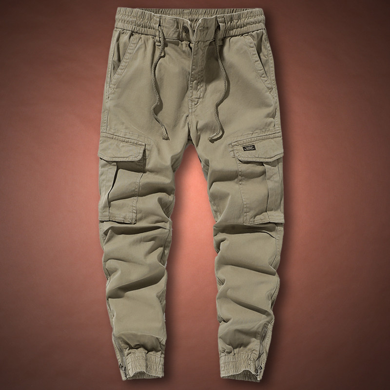 工装裤男春秋款宽松大码男款休闲裤时尚休闲多口袋松紧裤束脚裤子