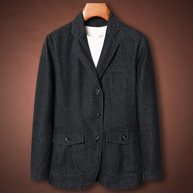 休闲牛仔西服男春秋季时尚商务口袋男上衣服宽松大码便服单西外套