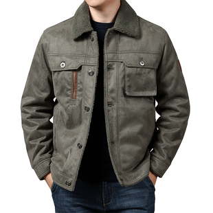 冬季麂皮绒外套男士多袋工装大码宽松棉袄加绒加厚保暖翻领棉衣潮