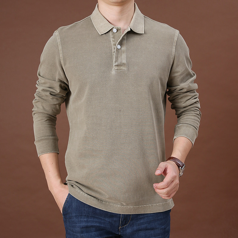 2026春季厚款宽松Polo衫男长袖纯色重度水洗纯棉大码翻领T恤衫潮