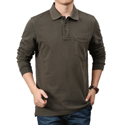 翻领长袖重度水洗口袋T恤春秋季