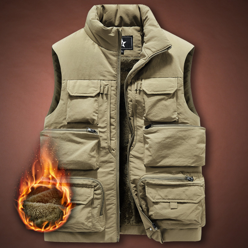 加绒加厚户外运动马甲男士多口袋工装马夹钓鱼摄影背心无袖外套潮