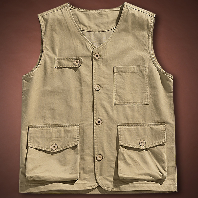 水洗纯棉多口袋工装马甲男春季无领薄款背心大码宽松纯色男外套潮