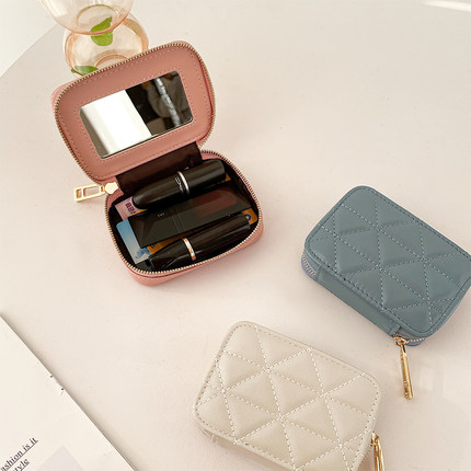 小香风羊皮口红包女真皮首饰耳机收纳盒随身旅行小包带镜子化妆包