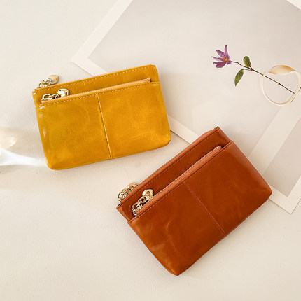 真皮零钱包女士头层牛皮拉链小包钥匙包迷你亮面油蜡皮卡包硬币包
