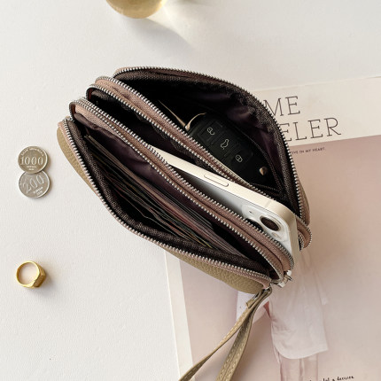 2025新款真皮小手包三拉链手机包手腕带零钱包女士钱包手机手拿包