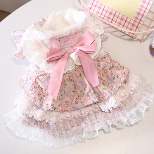 狗狗秋冬衣服小型犬冬天保暖加绒冬装洛丽塔碎花蝴蝶结蕾丝公主裙