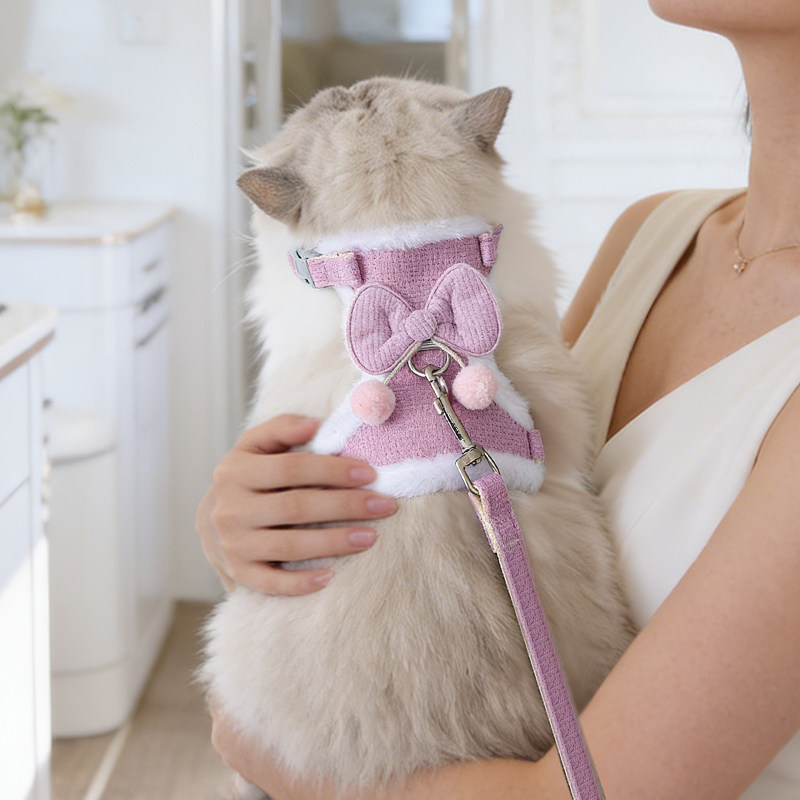 猫咪牵引绳遛猫绳子德文猫可爱蝴蝶结防挣脱专用加绒冬季保暖猫绳