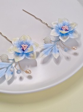 卿子手作-茗予 非遗绒花簪花六瓣花发簪胸针日常丸子头蓝色素雅