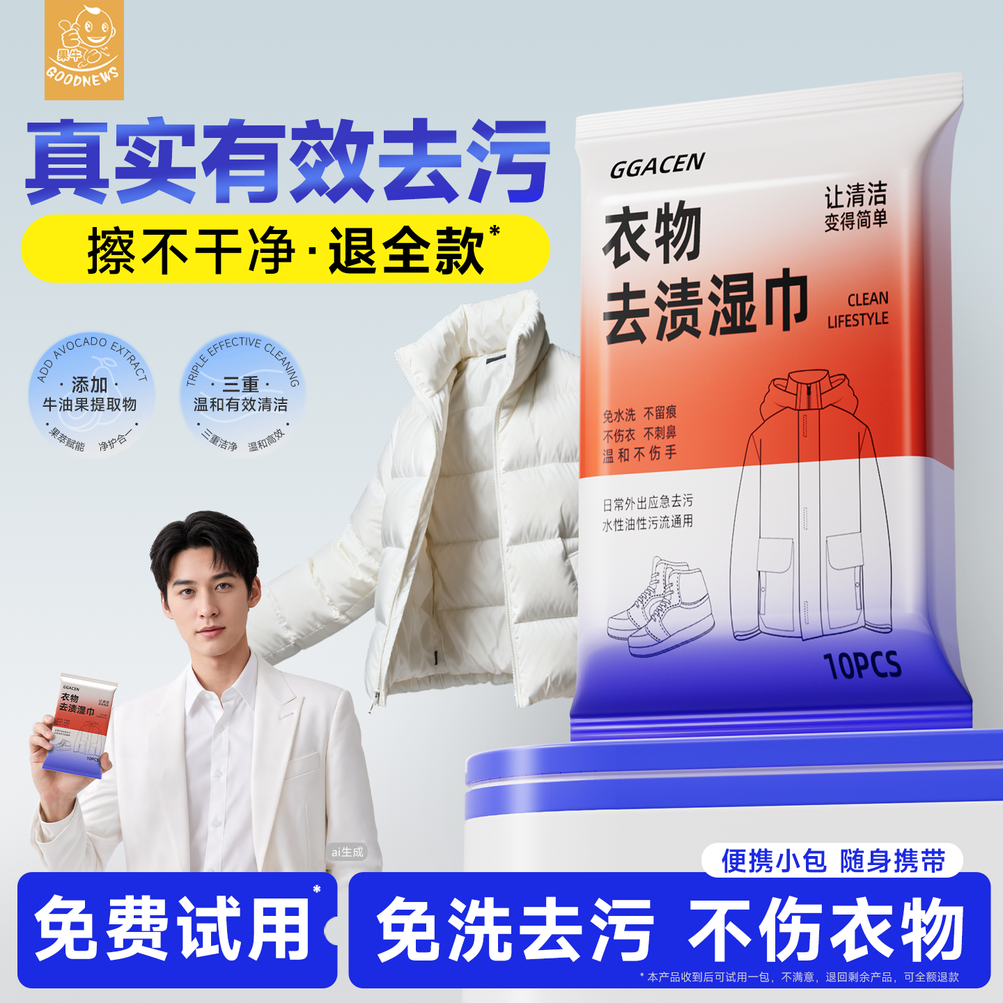 羽绒服免洗清洁湿巾免水洗强力去污冬季清洗剂擦羽绒服专用湿纸巾