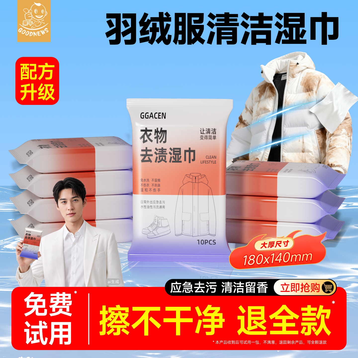 羽绒服免洗清洁湿巾纸清洗剂干洗去污衣物去渍湿纸巾家用污渍专用