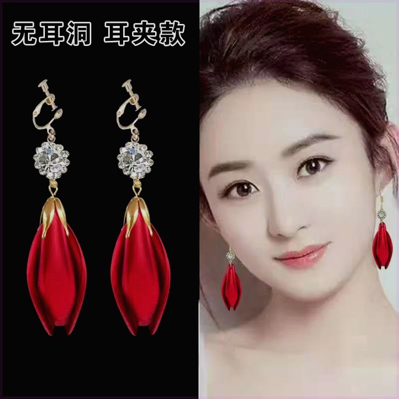 无洞耳夹女+高级无耳洞镶钻红色花瓣耳环新年喜庆圆脸中国风耳饰2
