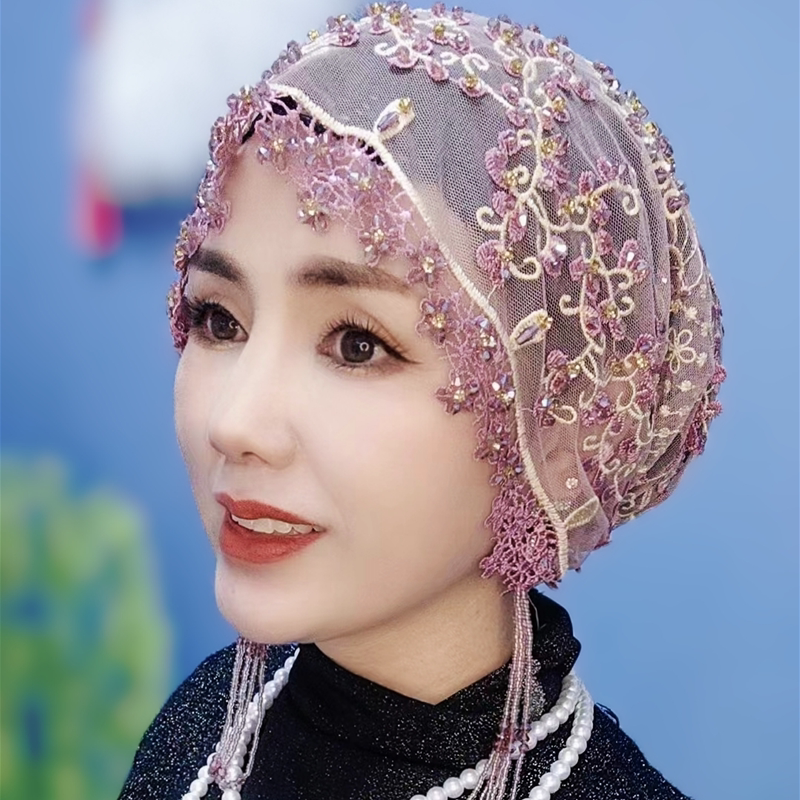 流苏头巾包头帽女民族风帽子回族头巾时尚纱巾真丝绣蕾丝遮发帽爆