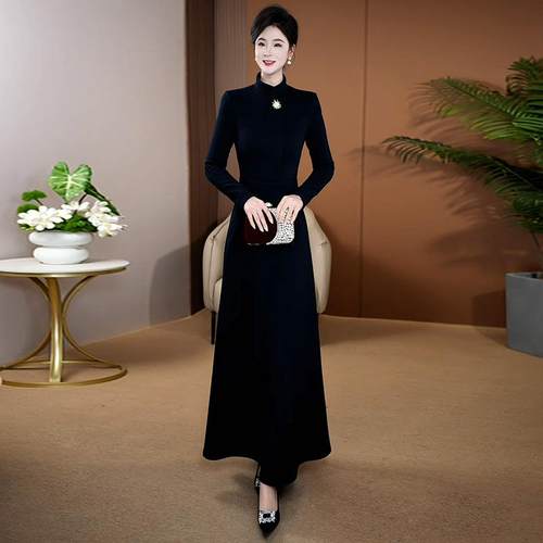 藏蓝色加绒加厚连衣裙气质显瘦高级感2025新款女秋冬季超长裙1090