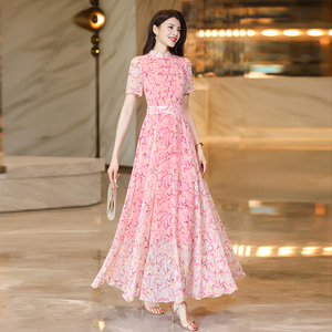 新中式中国风粉色连衣裙显瘦新款女夏季气质高级感大摆超长裙1925