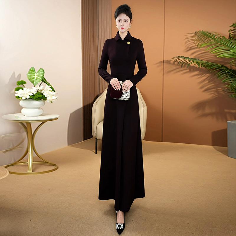 深紫色高级感连衣裙秋冬季新款收腰显瘦气质精致加厚长袖裙子1087