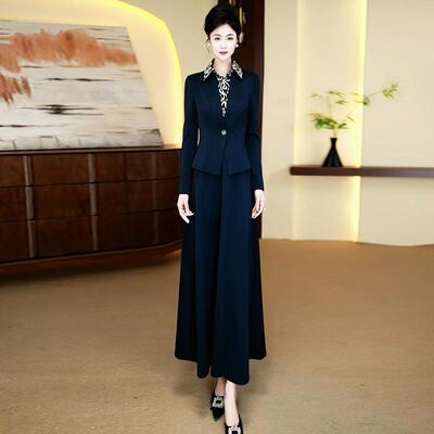 藏蓝色正式场合假两件连衣裙女春秋新款高级感显瘦长袖超长裙007