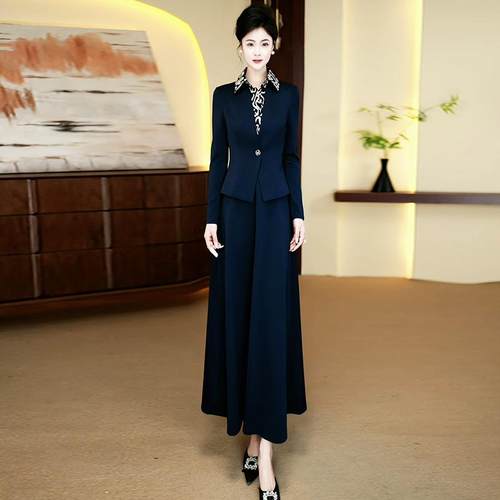 藏蓝色正式场合假两件连衣裙女春季新款高级感显瘦长袖超长裙007