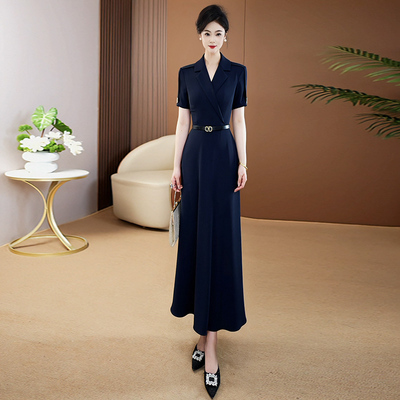 蓝色风衣式高端长裙连衣裙