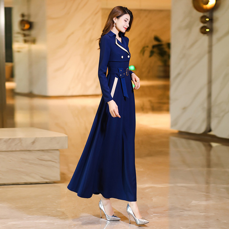 藏蓝色高级感连衣裙女长袖风衣裙2023秋新款收腰超长裙到脚踝1807