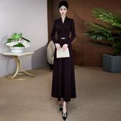 深紫色正式 气质超长裙011 高级感显瘦长袖 场合连衣裙女春秋季 新款