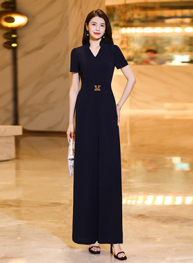 藏蓝色连体裤女2025夏新款气质显瘦收腰长款套装连衣阔腿裤2252