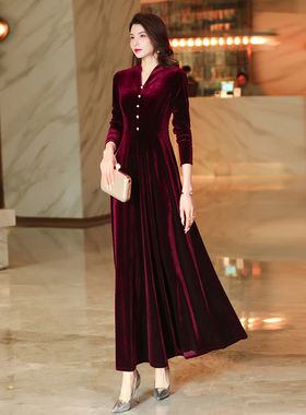 酒红色金丝绒春秋连衣裙2026时尚修身显瘦高级大气长袖大摆裙1850