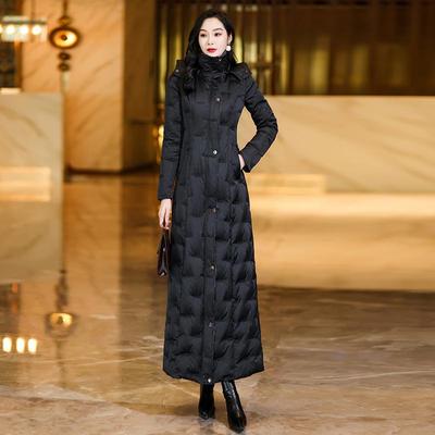 修身超长款白鸭绒羽绒服黑色