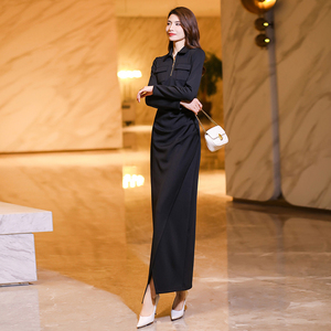 黑色高端奢华大牌女早春漂亮连衣裙2026收腰开叉长裙到脚踝1795