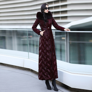 酒红色大毛领羽绒服女免洗时尚 新款 超长款 白鸭绒6231 保暖2025冬季